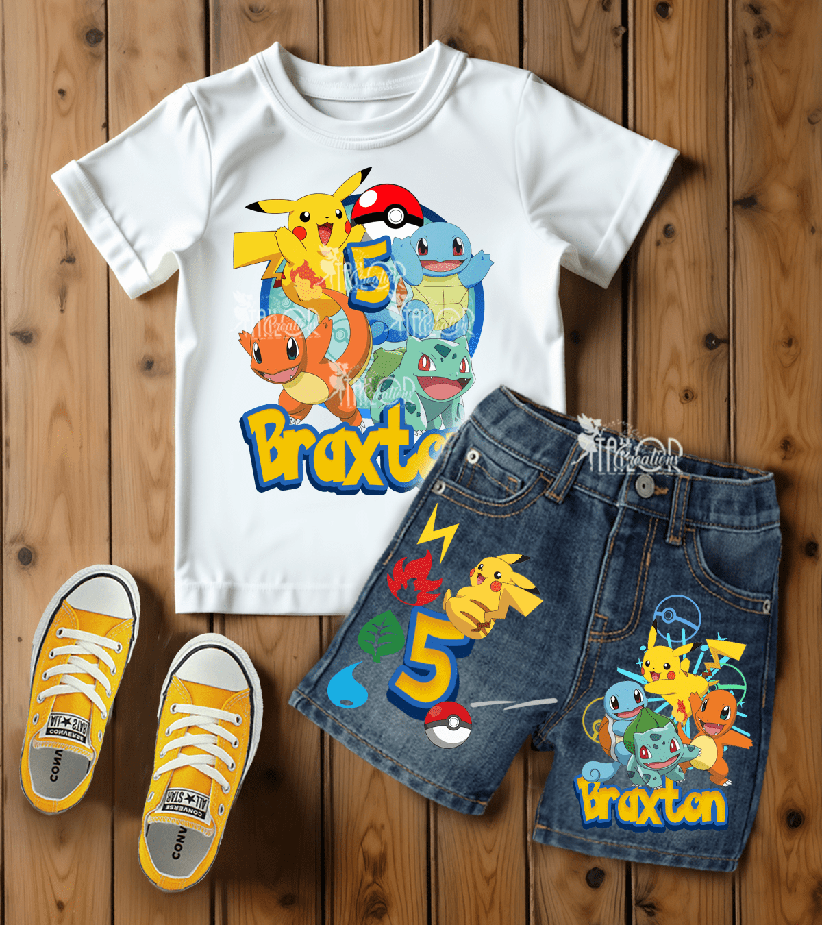 Pokemon Birthday Outfit for Boys - Pikachu Custom Denim Outfits - Boys Custom Denim Birthday Party Outfit