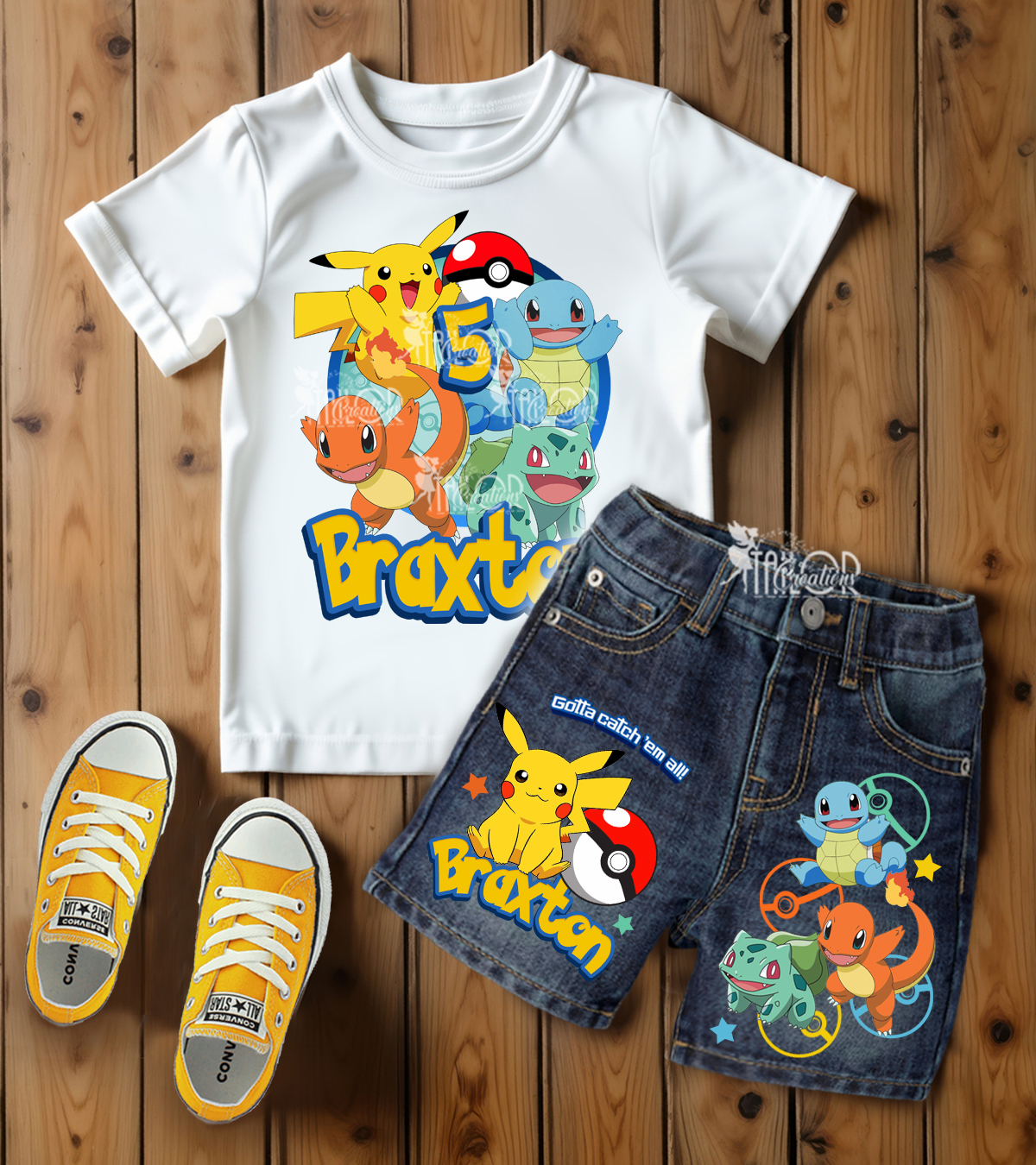 Pokemon Custom Denim Birthday Outfit for Boys - Pokemon Birthday Party Tee Shirt Shorts Set