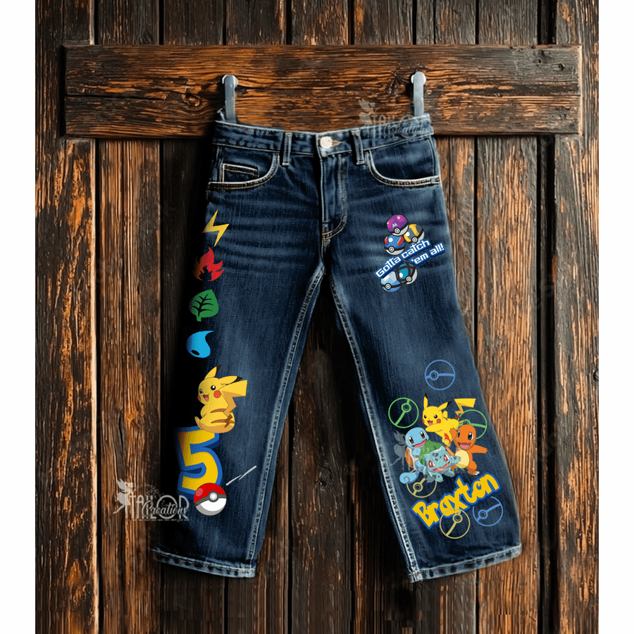 Pokemon Custom Denim Jeans Kids - Pokemon Anime Denim Pants Gift Outfit