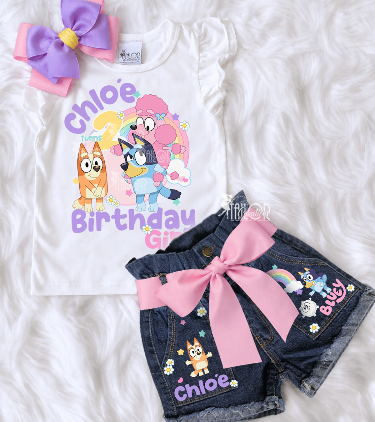 Rainbow Bluey Daisy Birthday Girl Outfit - Bluey Pastel Birthday Party Outfit for Girls