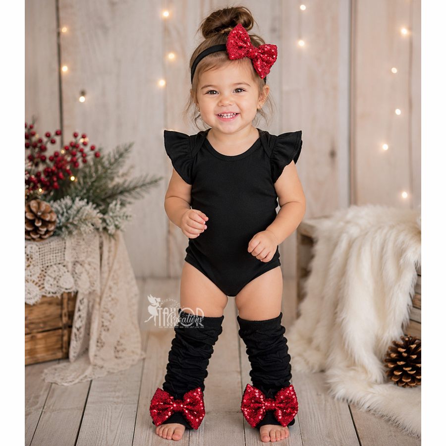 Red Sequin Bow Ruffle Leg Warmers Headband Set - Baby Girl Toddler Bow Leg Warmers Set 