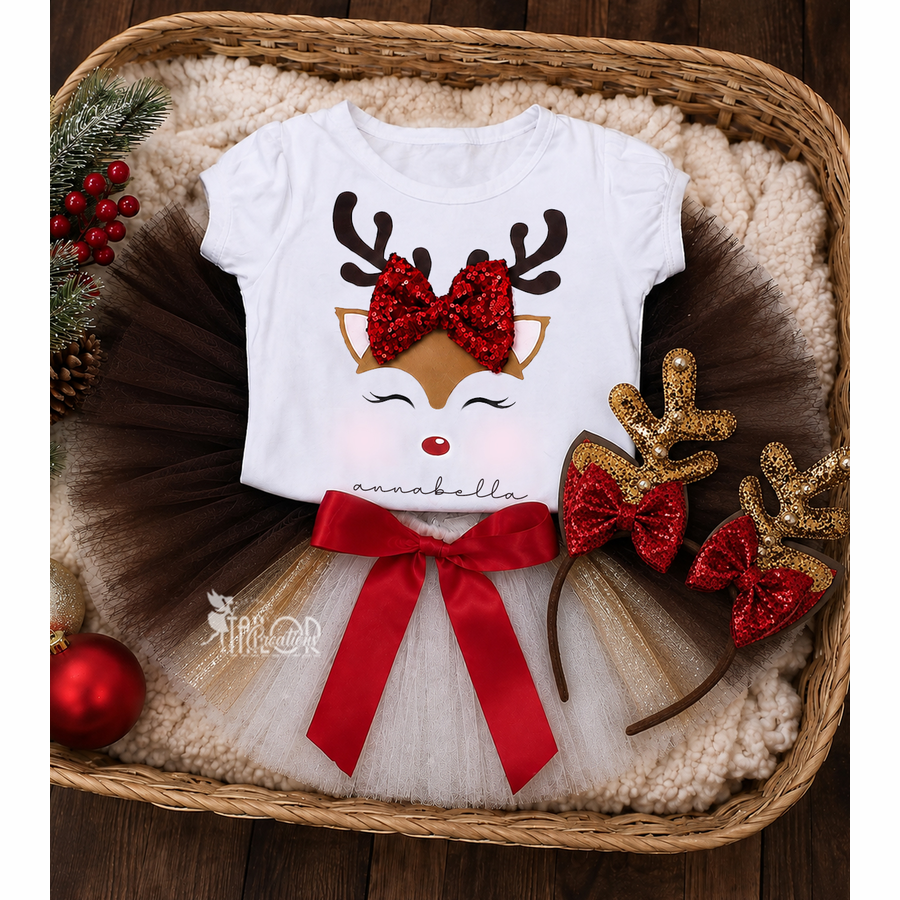 Reindeer Sequin Glitter Tutu Outfit Costume Baby/Toddler Girl - Custom Christmas Holiday Tutu Outfit