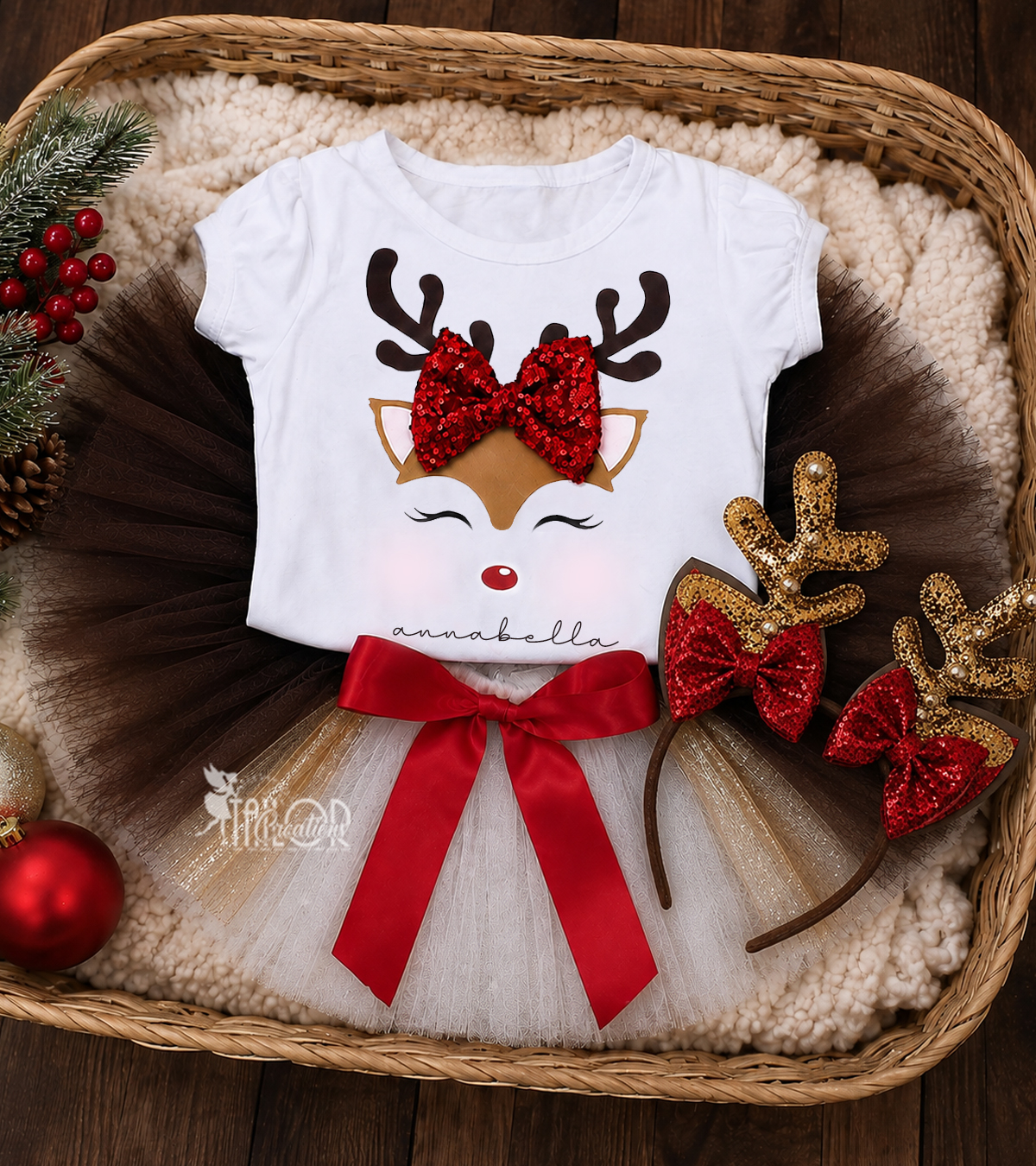 Reindeer Sequin Glitter Tutu Outfit Costume Baby/Toddler Girl - Custom Christmas Holiday Tutu Outfit