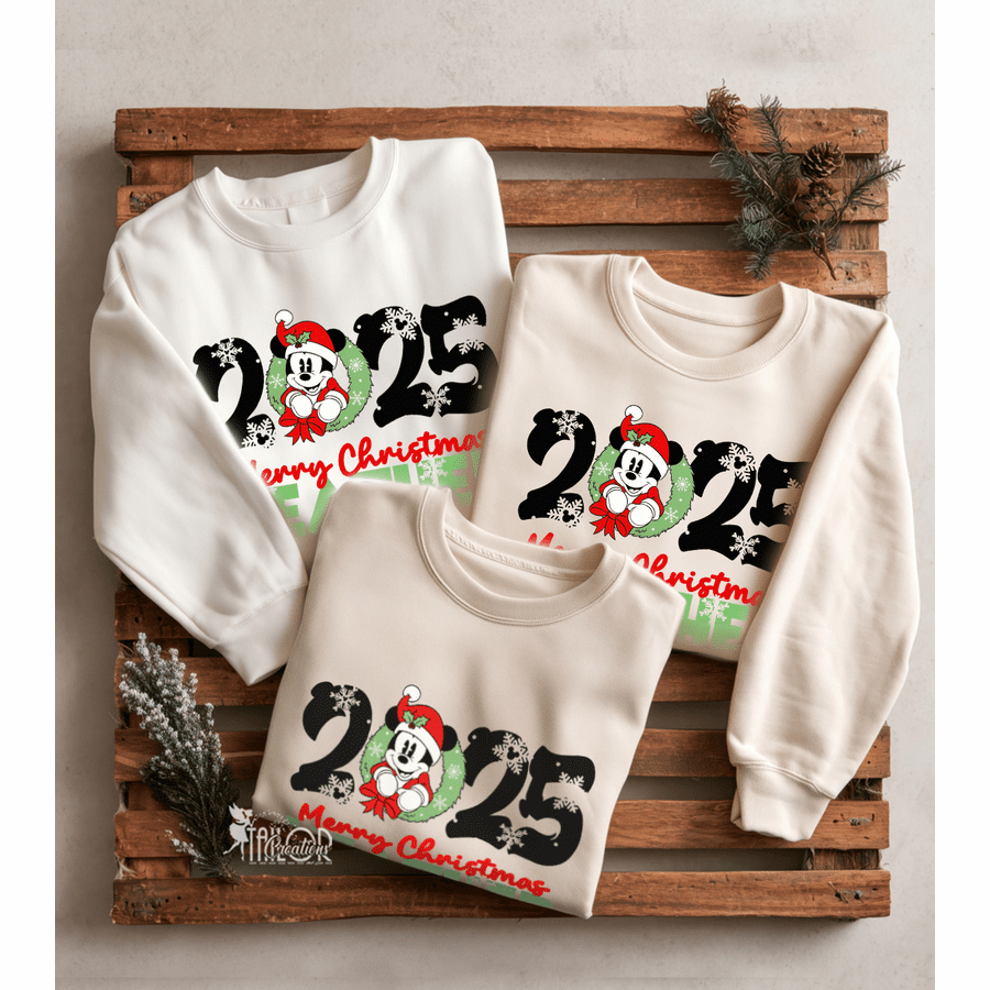 Retro Mickey Mouse Christmas Wreath 2025 Tee Sweatshirt - Matching Family Disney Sweaters