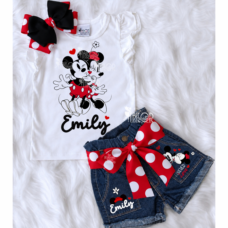 Retro Minnie and Mickey Custom Denim Birthday Outfit - Minnie Mouse Theme Outfit - Disneyland Toddler Girls Outfits