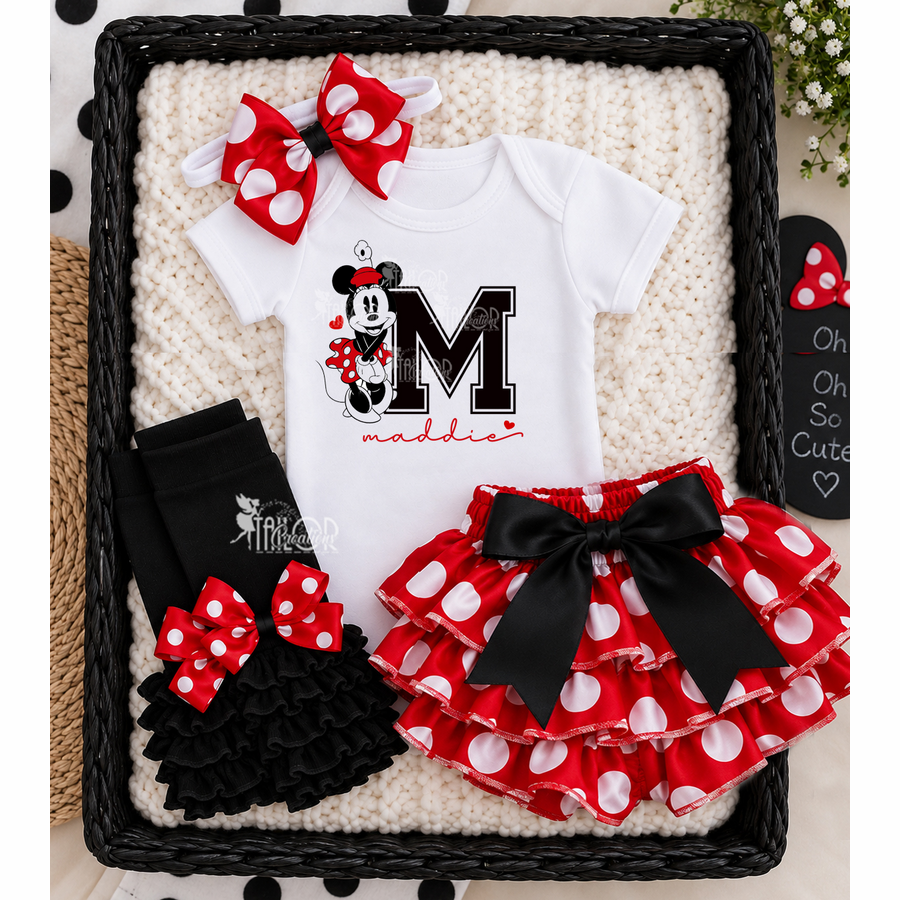 Retro Minnie Mouse Baby Girl Outfit - Minnie First Disney Trip Baby Girl Outfit - Red Polka Dot Satin Bloomers Set