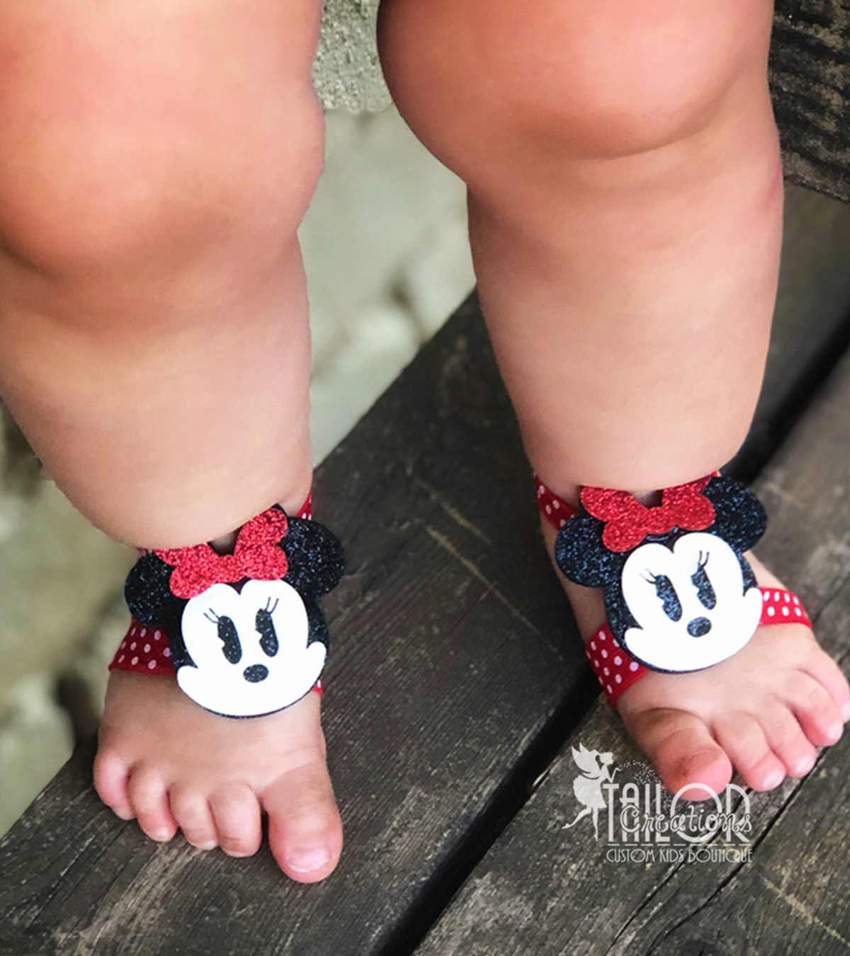 Retro Minnie Mouse Glitter Polka Dot Barefoot Sandals - Disney Barefoot Sandals for Baby Girl