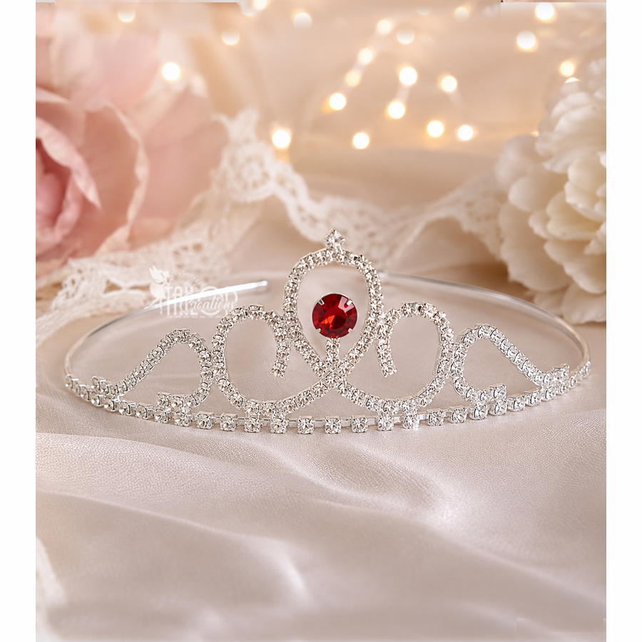 Ruby Red Rhinestone Tiara - Flower Girl Princess Crown - Flower Girl Silver Tiara