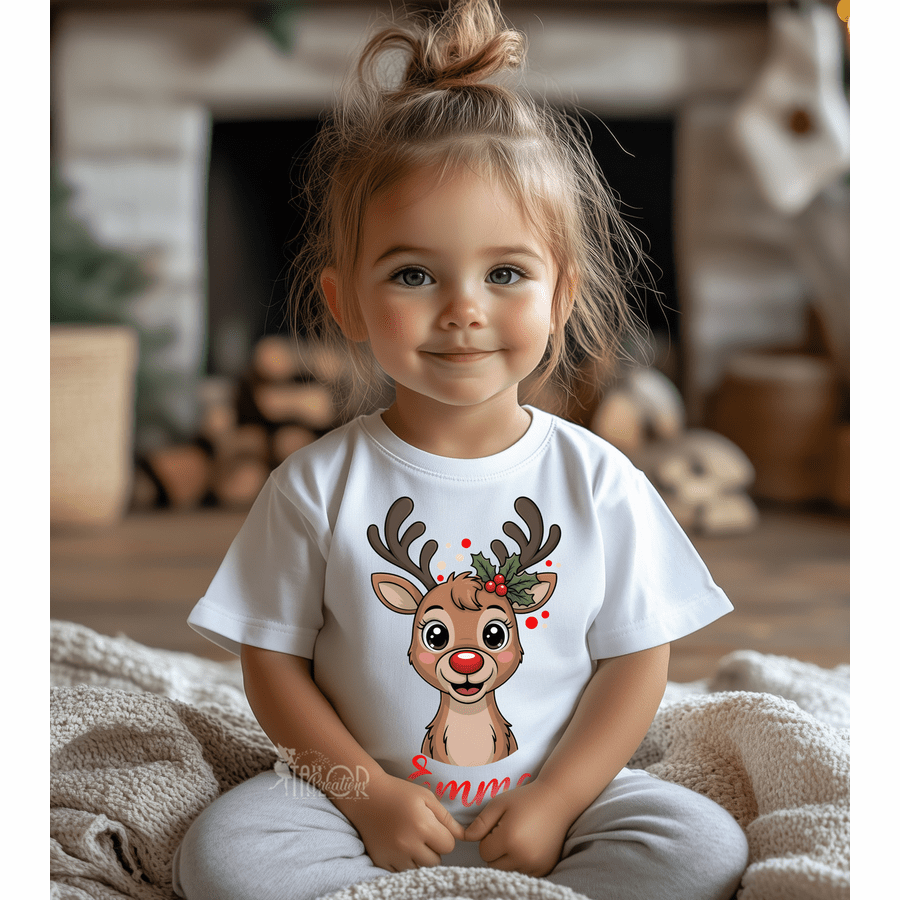 Rudolph Reindeer Custom Name Toddler Tee Shirt - Reindeer Sweatshirt for Toddler Kids