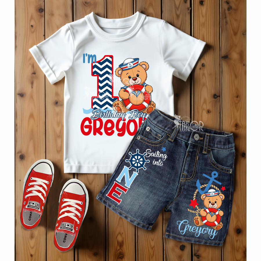 Sailor First Birthday Denim Outfit Toddler Boys - Nautical Birthday Party Shorts Set