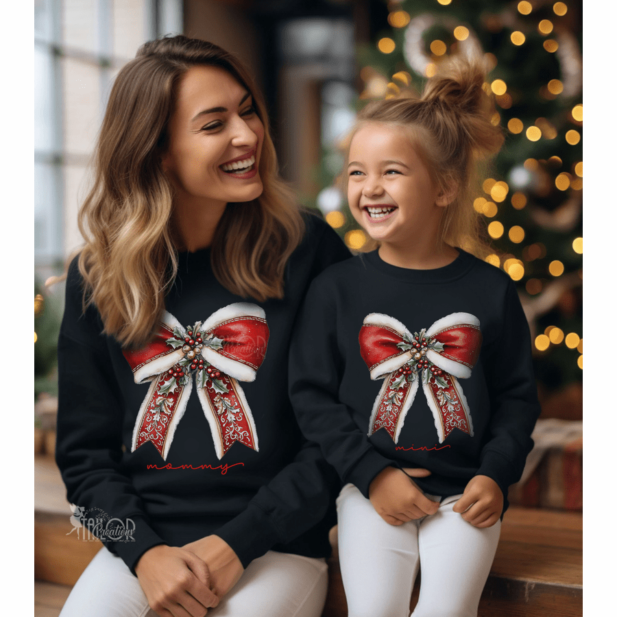 Festive Santa Inspired Coquette Bow Matching Mommy and Me Outfit - Coquette Bow Custom Christmas Sweatshirt