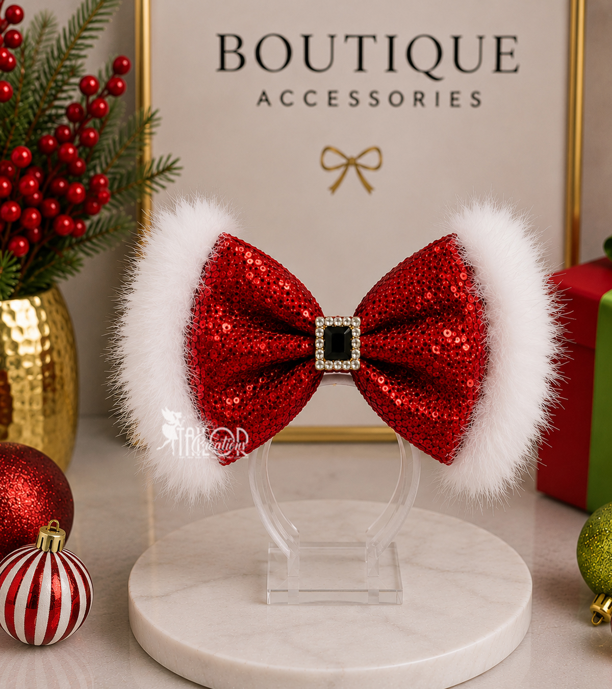Santa Red Sequin Santa Hair Bow - Boutique Santa Fur Hair Bow for Toddler Kids