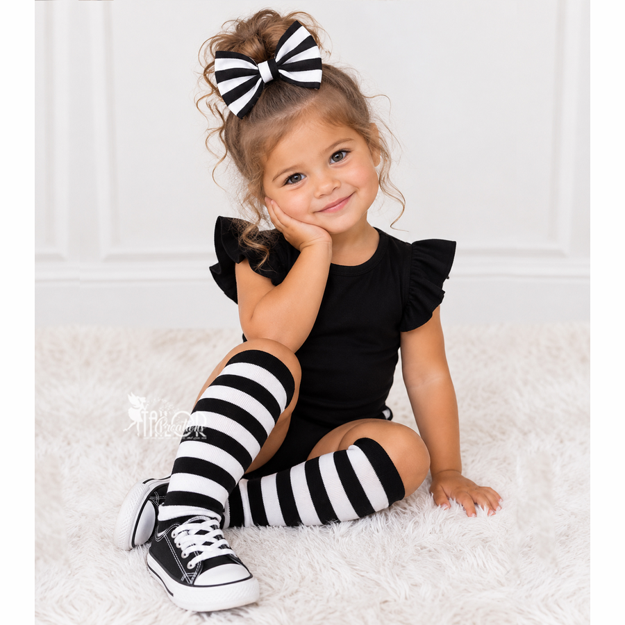 Black and White Striped Halloween Kids Knee High Socks - Fall Toddler Socks for Girls - Halloween Striped Socks for