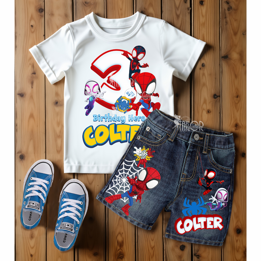 Spidey and His Amazing Friends Denim Birthday Party Outfit - Spidey Shorts Set Toddler Boys