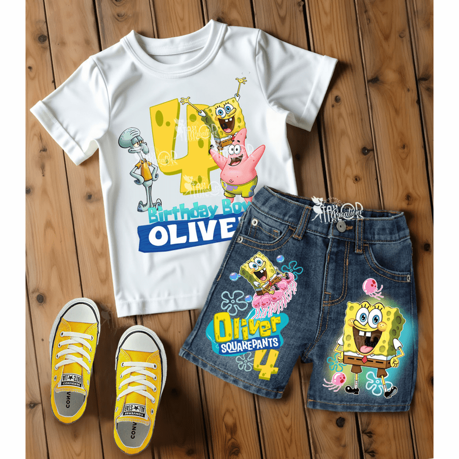Spongebob Birthday Party Outfit Toddler/Kids - Spongebob Custom Denim Birthday Party Outfit