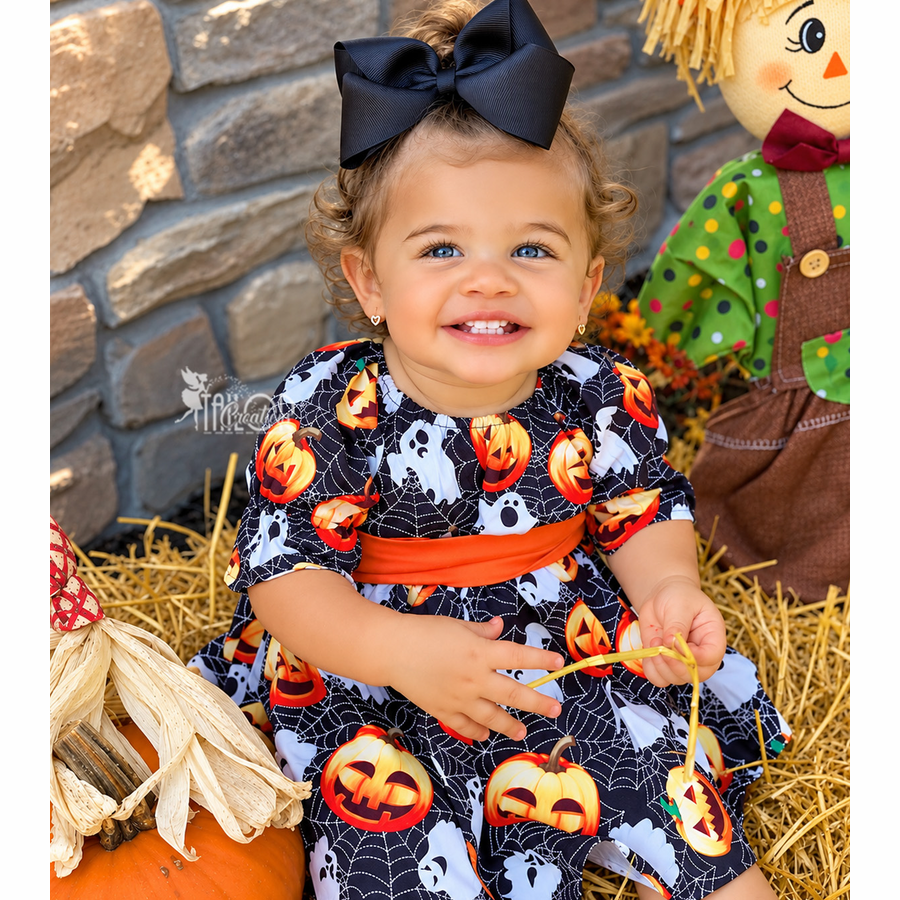 Spooky Halloween Ghost Dress for Baby Girl Toddler - Custom Pumpkin Halloween Puff Sleeve Dress