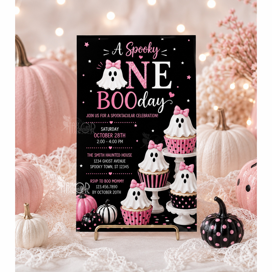 Spooky One Pink Ghost Halloween Birthday Invitations - Ghost Boo Day Printable/Printed Custom Invites