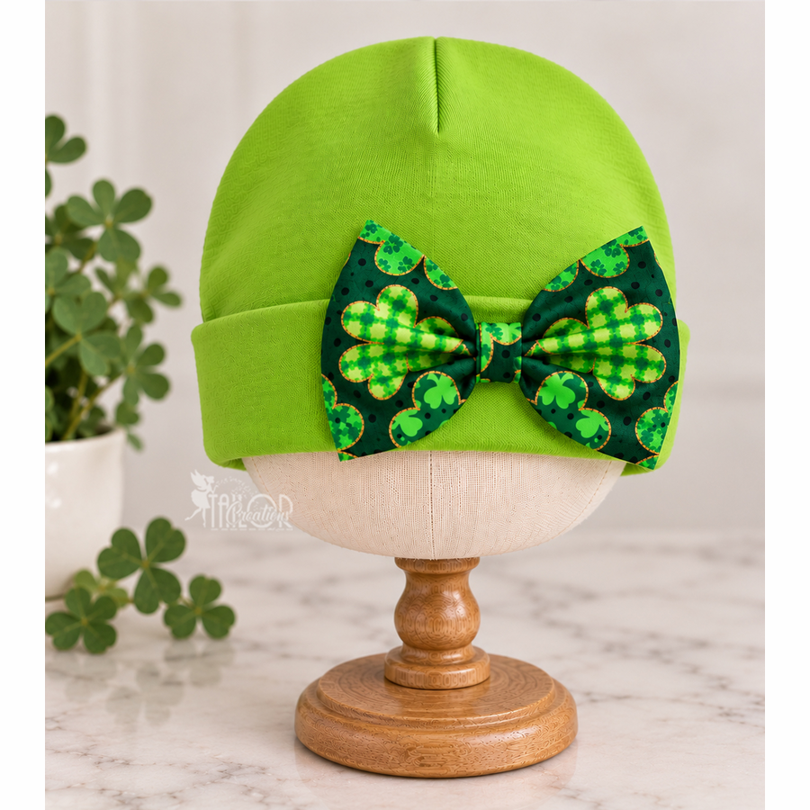St Patricks Day Irish Green Custom Newborn Hospital Bow Hat - Clover Shamrock Baby Girl Beanie Hat