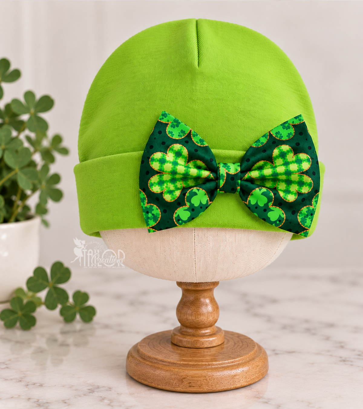 St Patricks Day Irish Green Custom Newborn Hospital Bow Hat - Clover Shamrock Baby Girl Beanie Hat