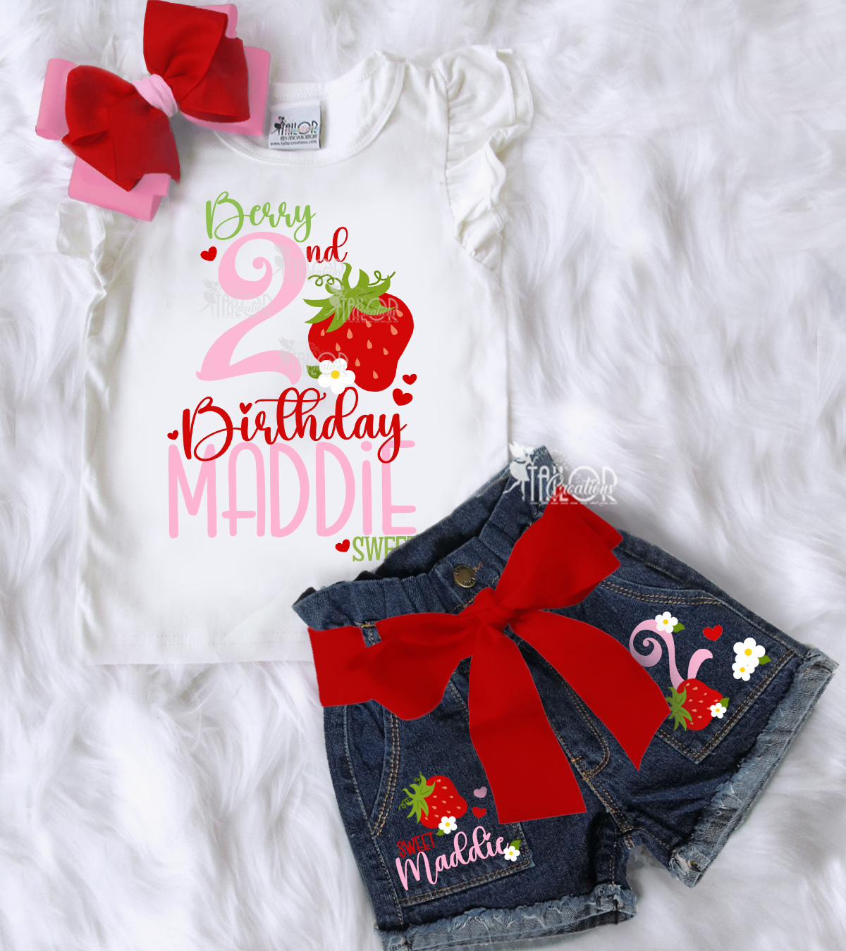 Strawberry Birthday Outfit - Custom Denim Birthday Outfit Kid - Strawberry Set