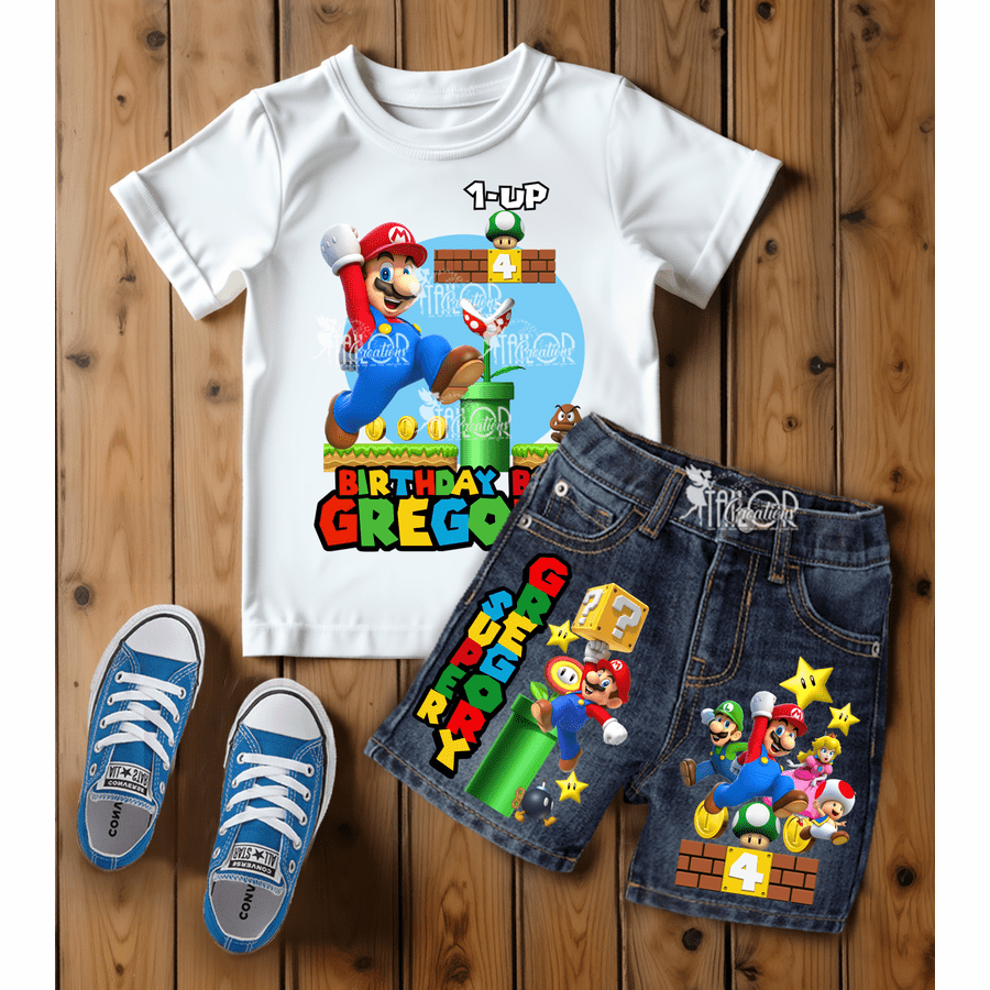 Super Mario Bros Birthday Outfit - Custom Denim Outfit Kid - Mario Birthday Shirt