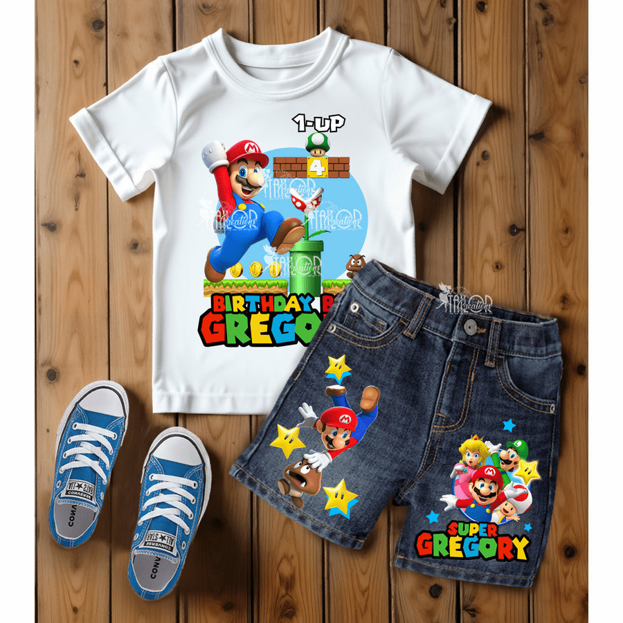 Super Mario Bros Birthday Outfit - Custom Denim Outfit Kid - Mario Birthday Shirt