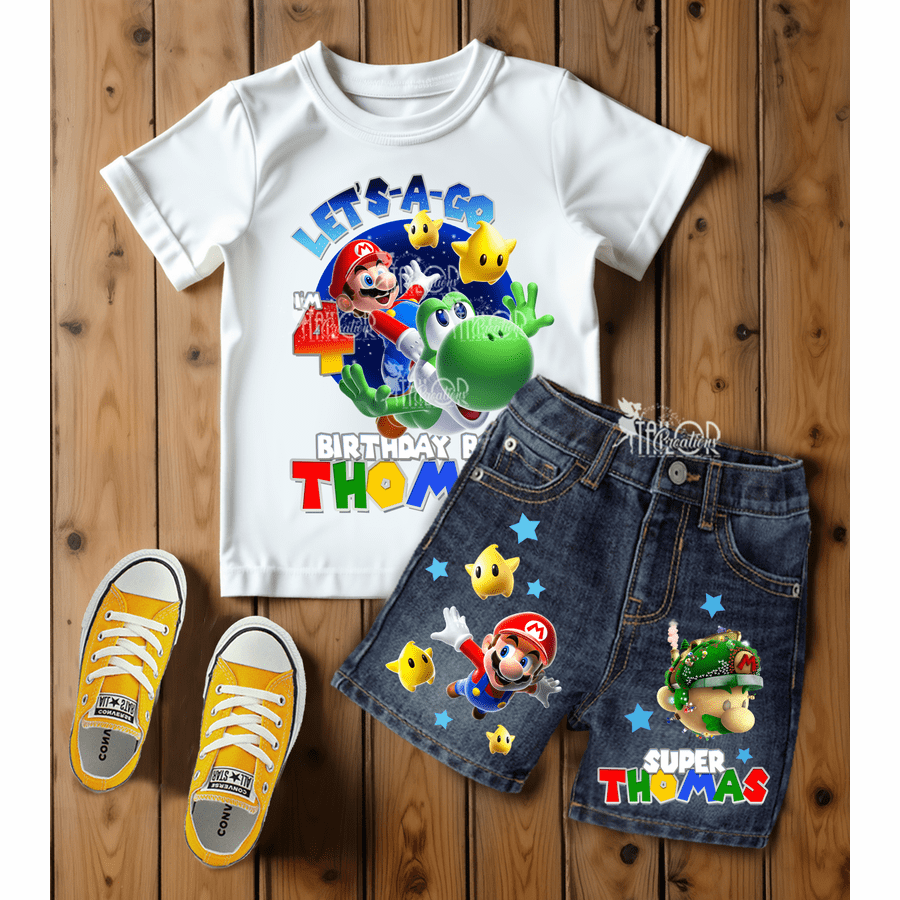Super Mario Galaxy Birthday Party Outfit - Super Mario Denim Outfit Kids - Mario Birthday Party Ideas