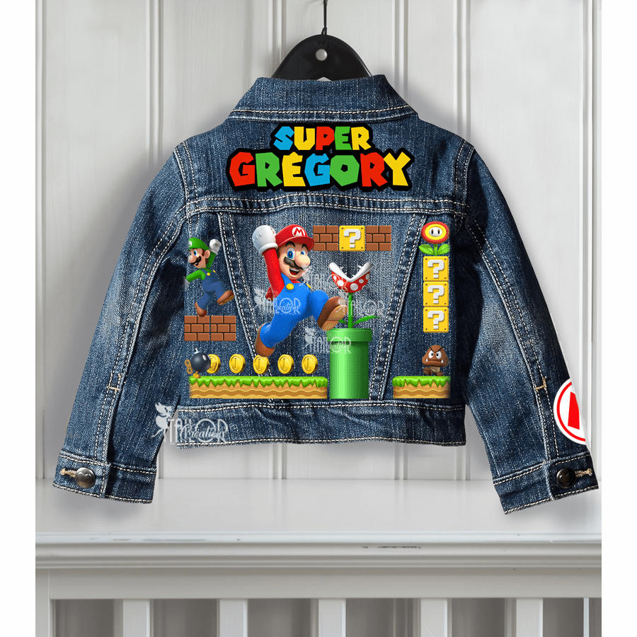 Super Mario Jean Jacket - Super Mario Birthday Outfit - Custom Denim Jacket Kid