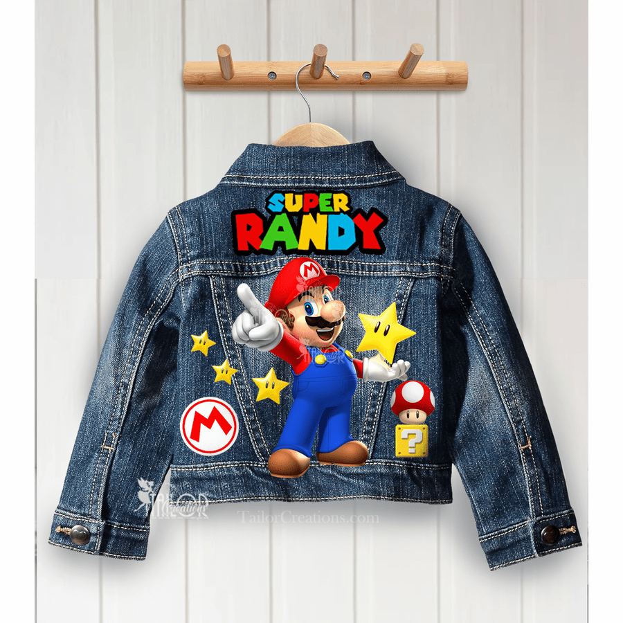 Super Mario Denim Jean Jacket Kids - Super Mario Birthday Outfit - Custom Denim Jacket Kid