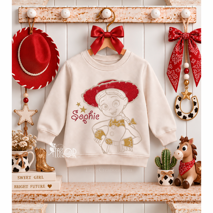 Toy Story Jessie Boutique Custom Outfit for Toddler Girls - Disney Jessie Glitter Sweatshirt