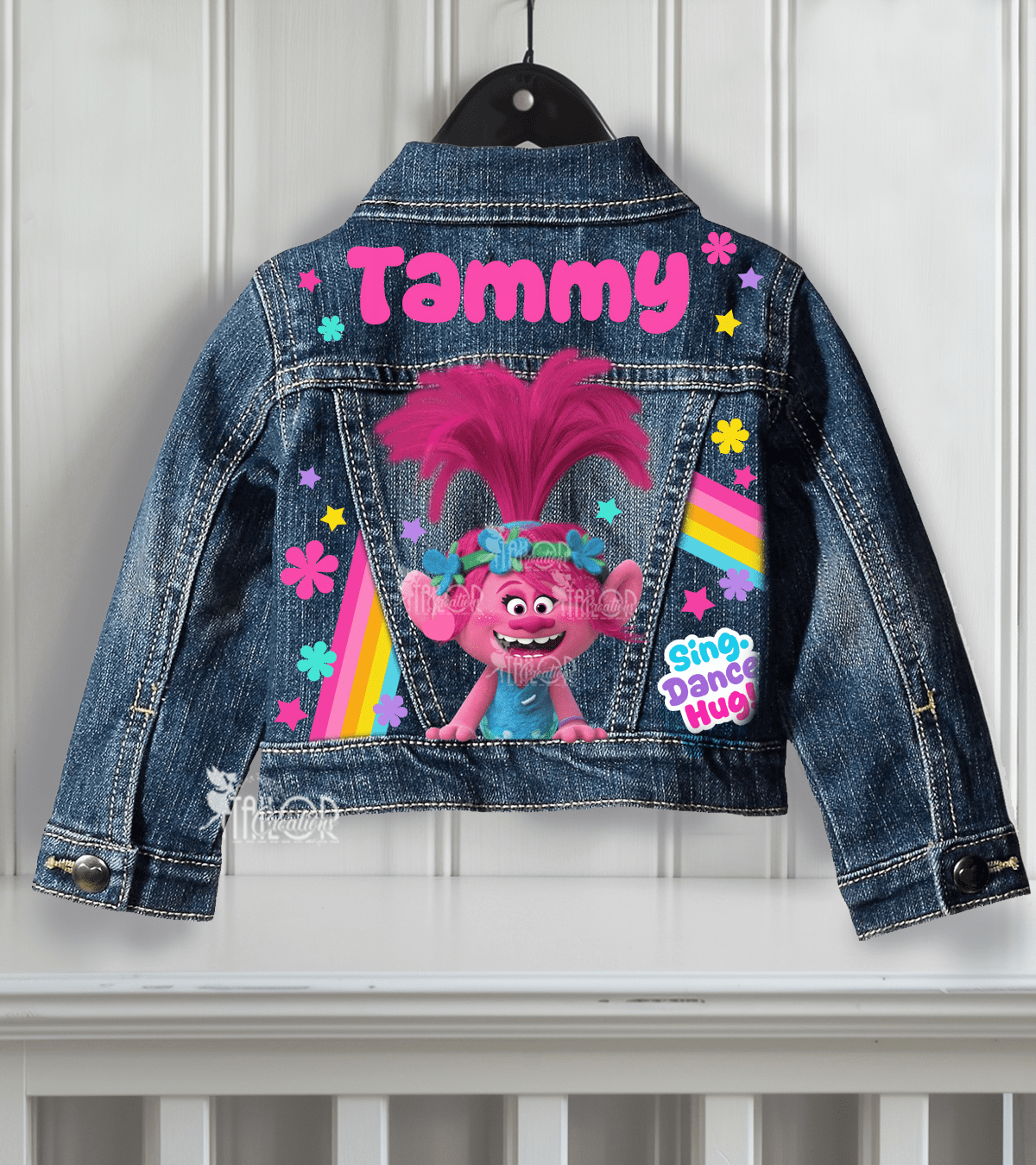 Trolls Poppy Custom Denim Jacket - Rainbow Trolls Custom Jean Name Jacket Baby/Toddler/Kids