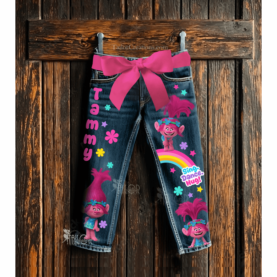 Trolls Poppy Custom Denim Jeans Pants - Trolls Custom Birthday Outfit Ideas