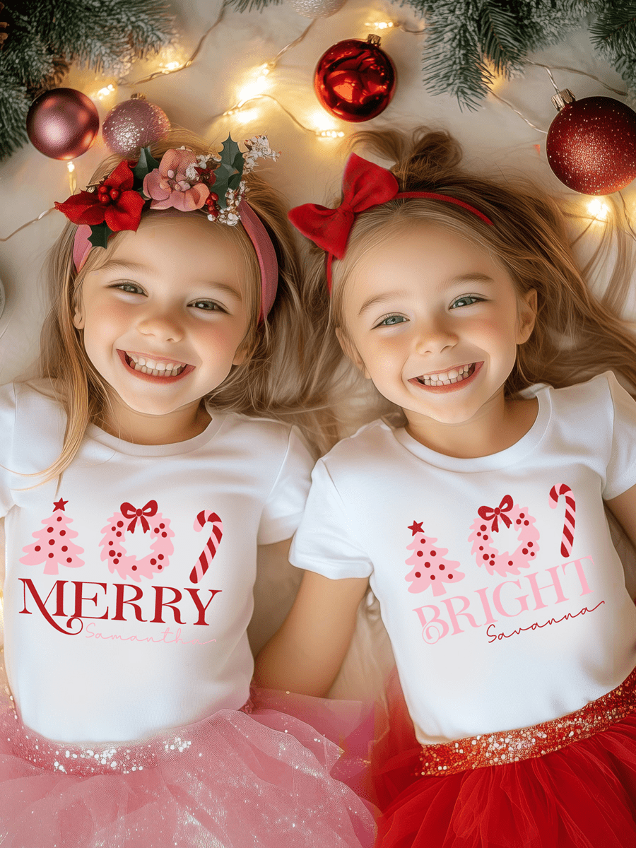 Twins Girls Christmas Tee Outfit Sweatshirt - Matching Merry & Bright Christmas Sweater