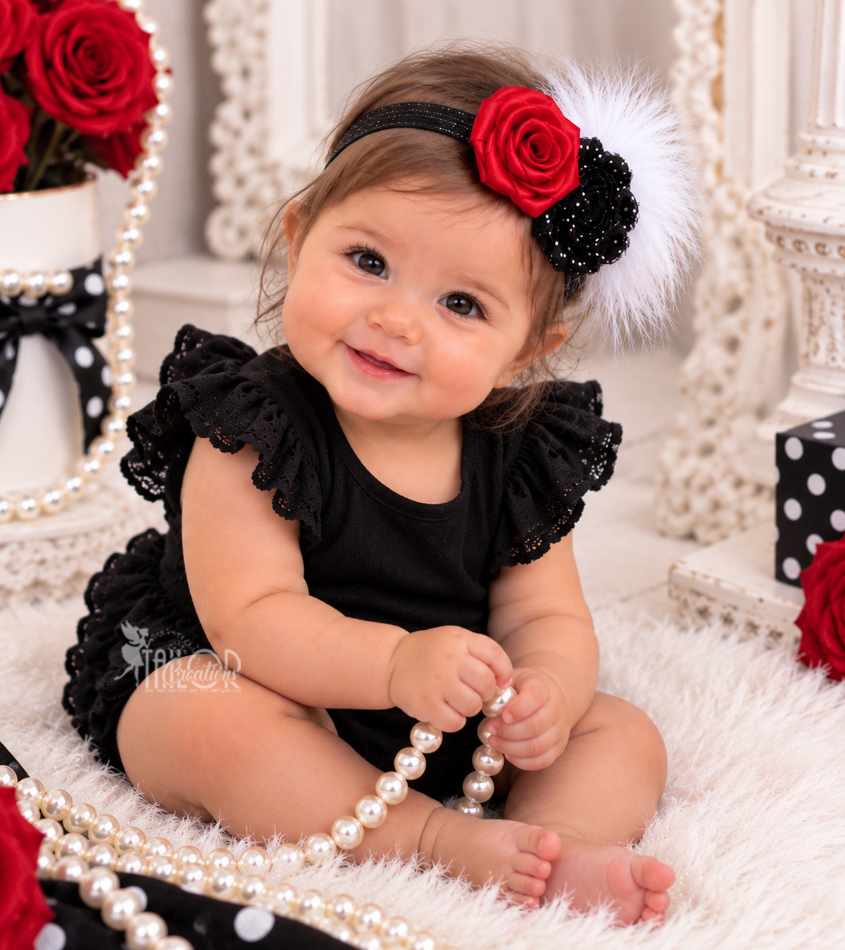Vintage Inspired Red and Black Rose Shabby Headband for Baby Girl Toddler - Vintage Flower Heaband for Kids