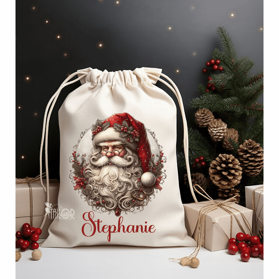 Vintage Santa Claus Custom Gift Bag Sack - Personalized Christmas Gift Bag Santa Sack