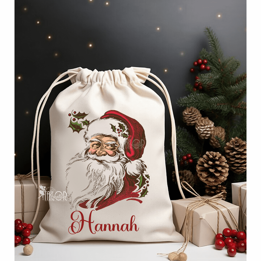 Vintage Santa Claus Custom Gift Bag Sack - Personalized Christmas Gift Bag Santa Sack