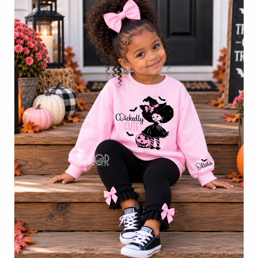 Wickedly Cute Little Afro Witch Custom Halloween Sweatshirt Outfit - Witch Sweatshirt Girls