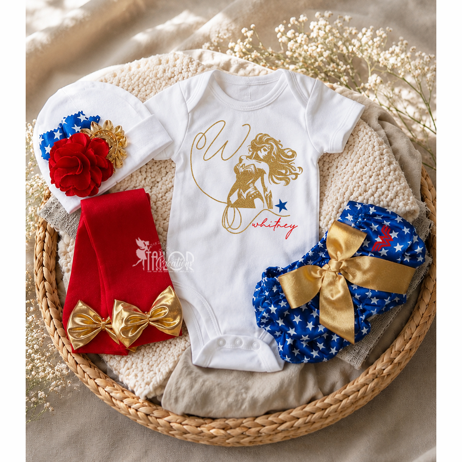 Wonder Woman Baby Girl Newborn Outfit Bodysuit - Newborn Coming Home Shower Gift Box