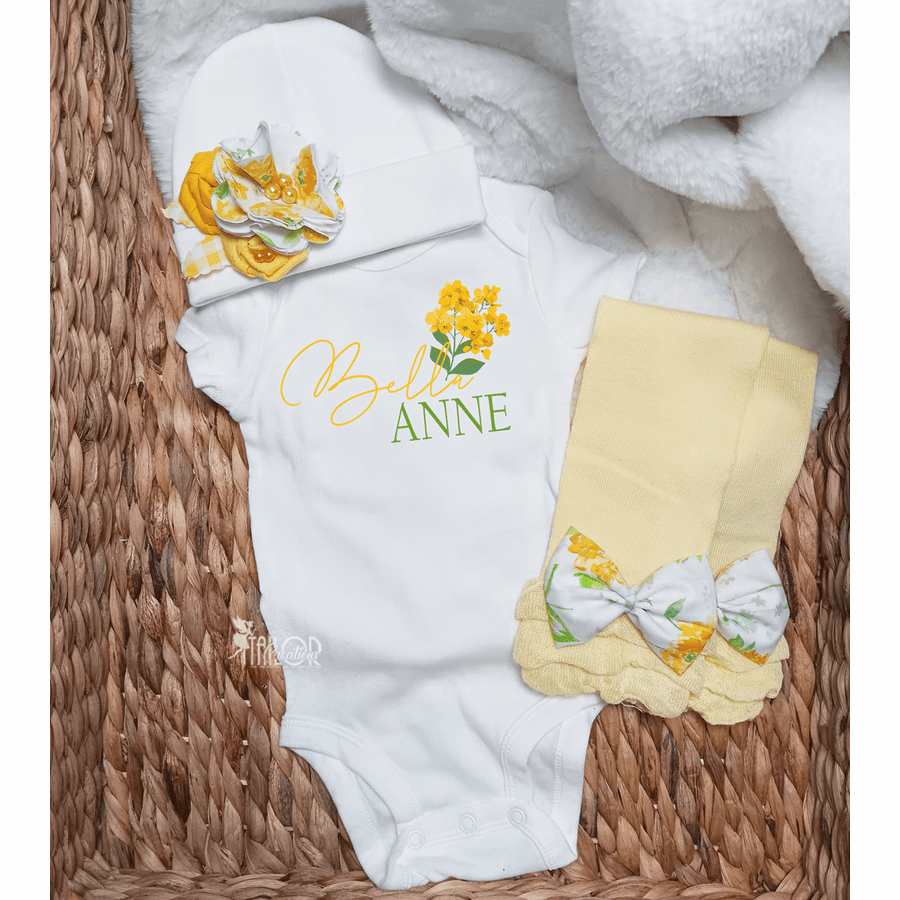 Floral Baby Girl Custom Name Bodysuit Outfit Gift Box - Unique Baby Shower Gift Idea - Birth Announcement Onesie