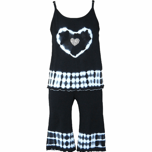 Black and White Two Piece Capri Pants Outfit with Crystal Heart