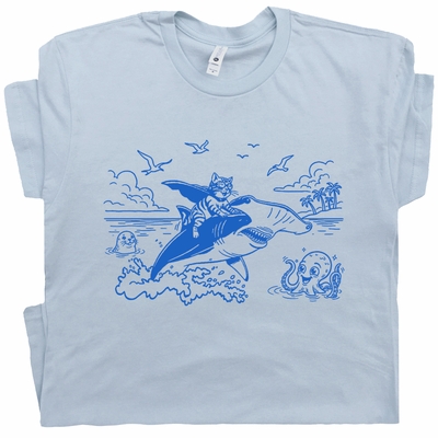 Cat Riding Shark Funny T Shirt