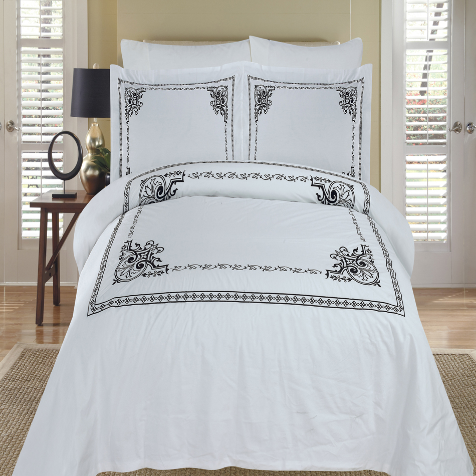 Athena 3 Piece White & Black Embroidered Duvet cover Set