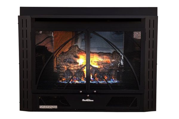 Buck Stove Classic Corner Fireplace Mantel with Model 34 Contemporary Vent  Free Gas Fireplace