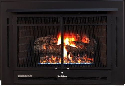 Buck Stove Classic Corner Fireplace Mantel with Model 34 Manhattan Vent  Free Gas Fireplace