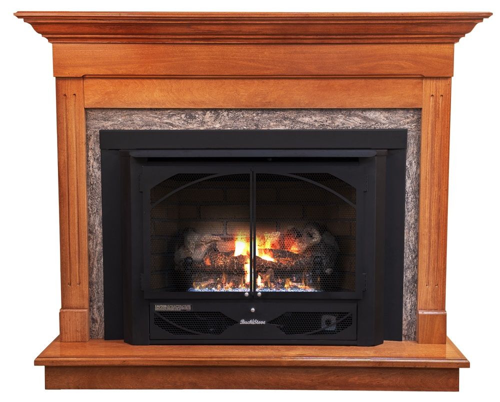 Buck Stove Classic Corner Fireplace Mantel with Model 384 Vent Free Gas  Heating Stove