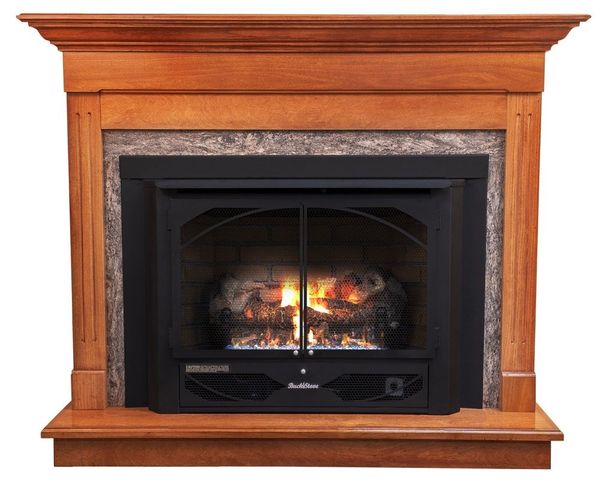 Buck Stove Classic Corner Fireplace Mantel with Model 384 Vent Free Gas  Heating Stove