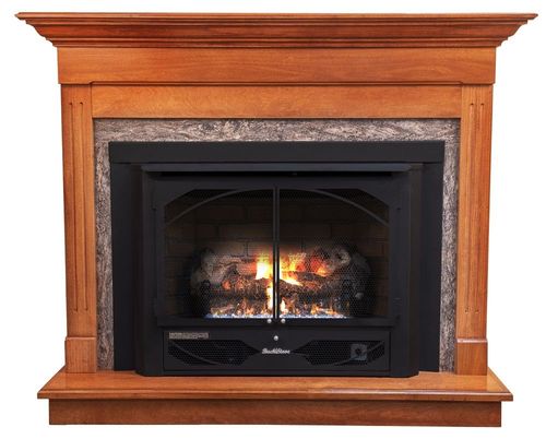 Buck Stove Classic Corner Fireplace Mantel with Model 384 Vent Free Gas  Heating Stove