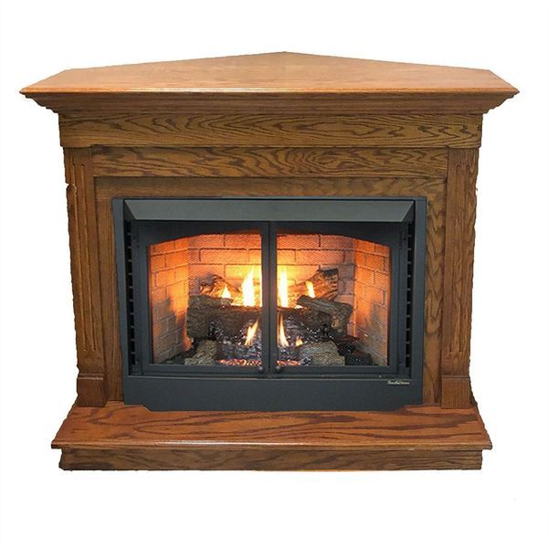 Buck Stove Corner Fireplace Mantel with 36 Inch 36ZCBB Series Vent Free  Builder Series Gas Firebox