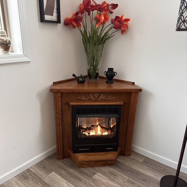 Buck Stove Deluxe Corner Fireplace Mantel with Model 1127 Vent Free Gas Fireplace