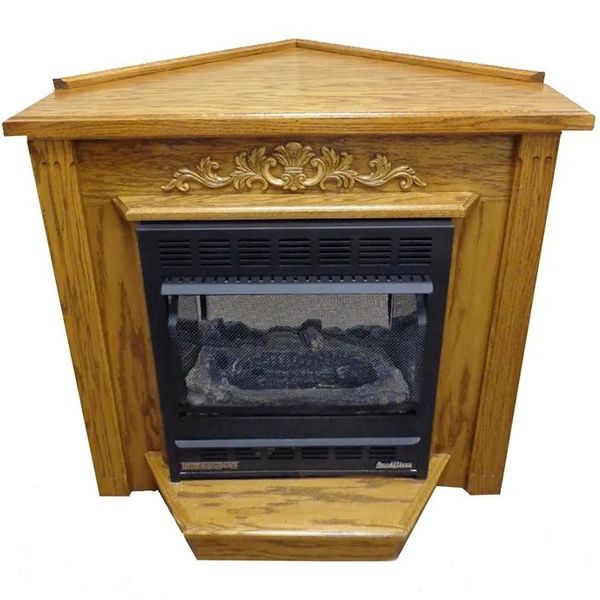 Buck Stove Deluxe Corner Fireplace Mantel with Model 1127 Vent Free Gas